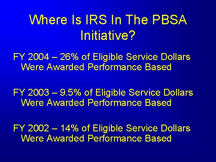 Where Is IRS In The PBSA Initiative? FY 2004 – 26% of Eligible Service