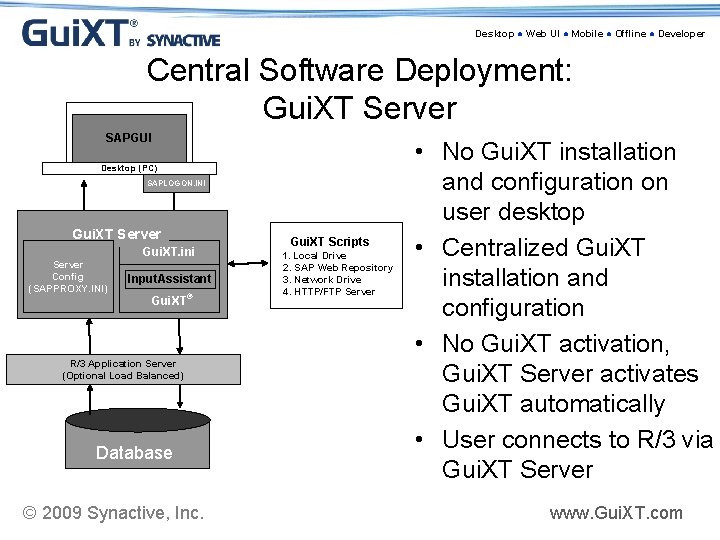 Desktop ● Web UI ● Mobile ● Offline ● Developer Central Software Deployment: Gui.