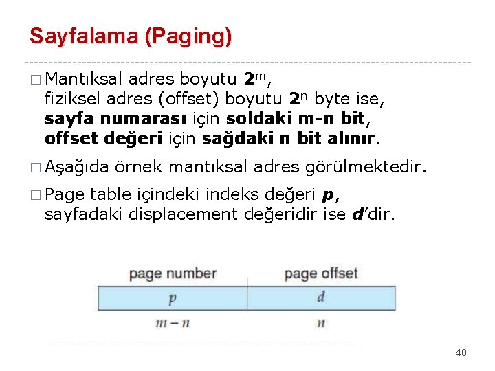 Sayfalama (Paging) � Mantıksal adres boyutu 2 m, fiziksel adres (offset) boyutu 2 n
