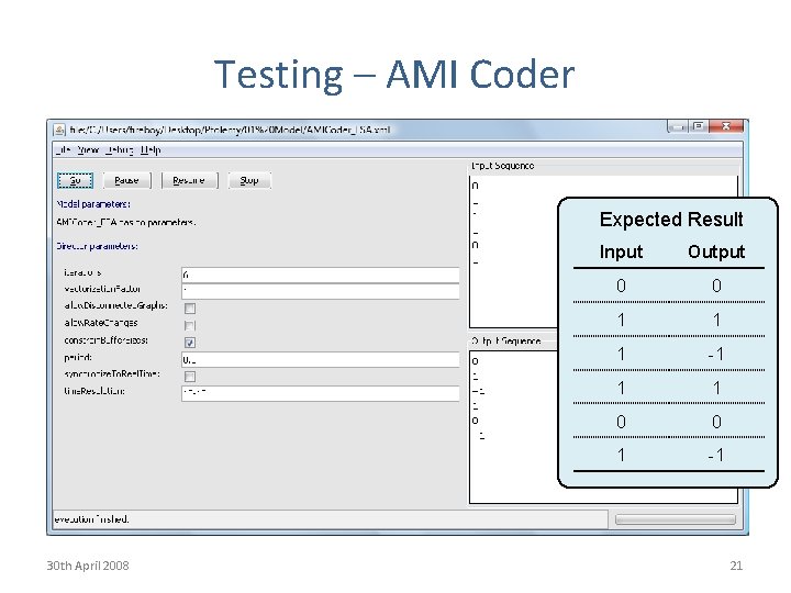 Testing – AMI Coder Expected Result 30 th April 2008 Input Output 0 0