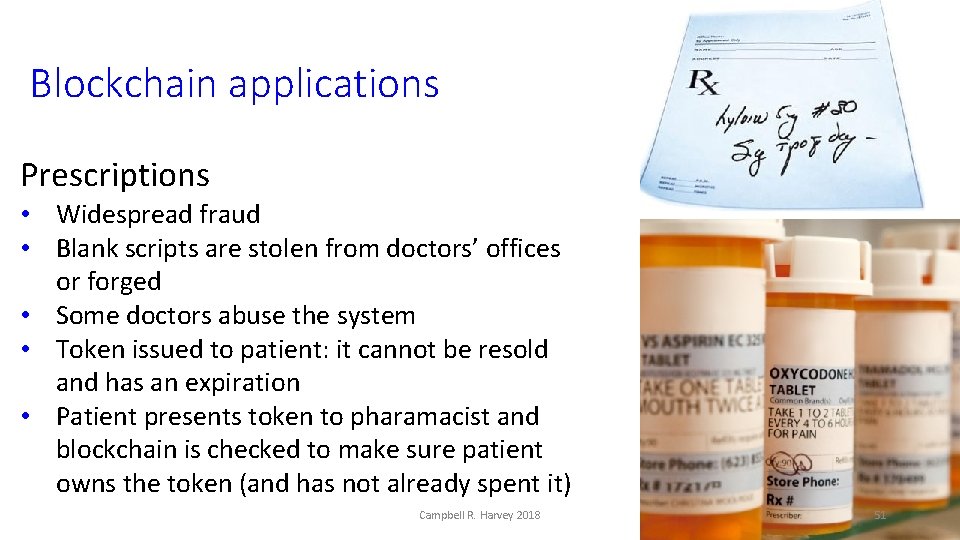 Blockchain applications Prescriptions • Widespread fraud • Blank scripts are stolen from doctors’ offices