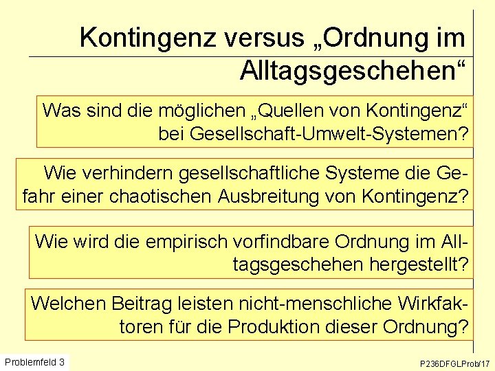 Kontingenz versus „Ordnung im Alltagsgeschehen“ Was sind die möglichen „Quellen von Kontingenz“ bei Gesellschaft-Umwelt-Systemen?