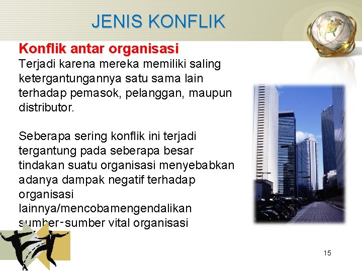 JENIS KONFLIK Konflik antar organisasi Terjadi karena mereka memiliki saling ketergantungannya satu sama lain