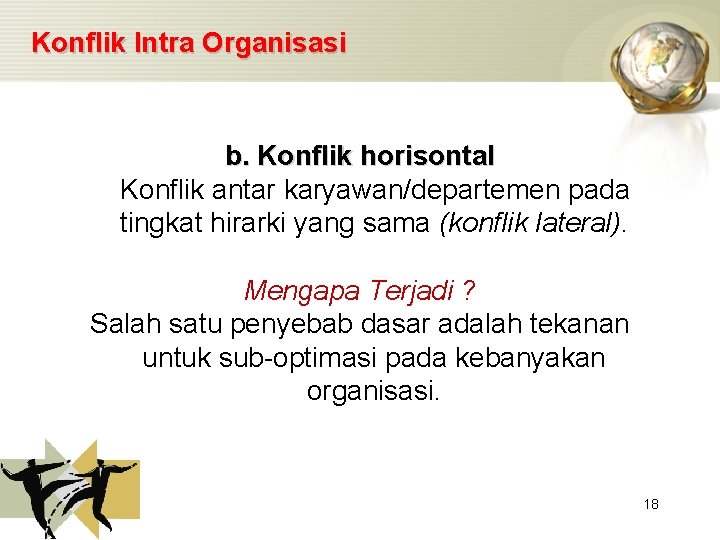 Konflik Intra Organisasi b. Konflik horisontal Konflik antar karyawan/departemen pada tingkat hirarki yang sama