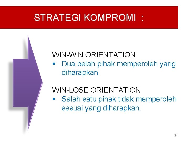 STRATEGI KOMPROMI : WIN-WIN ORIENTATION § Dua belah pihak memperoleh yang diharapkan. WIN-LOSE ORIENTATION