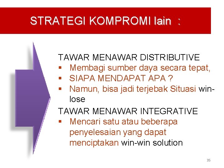 STRATEGI KOMPROMI lain : TAWAR MENAWAR DISTRIBUTIVE § Membagi sumber daya secara tepat, §