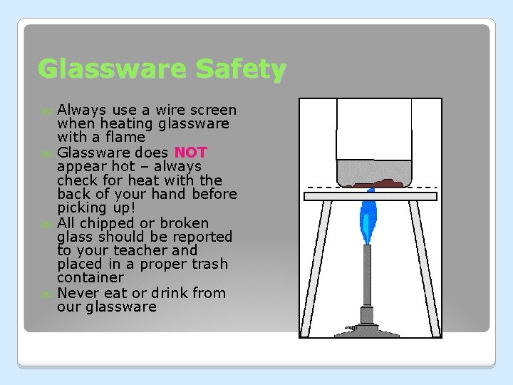 Glassware Safety Always use a wire screen when heating glassware with a flame Glassware Glassware Safety Always use a wire screen when heating glassware with a flame Glassware