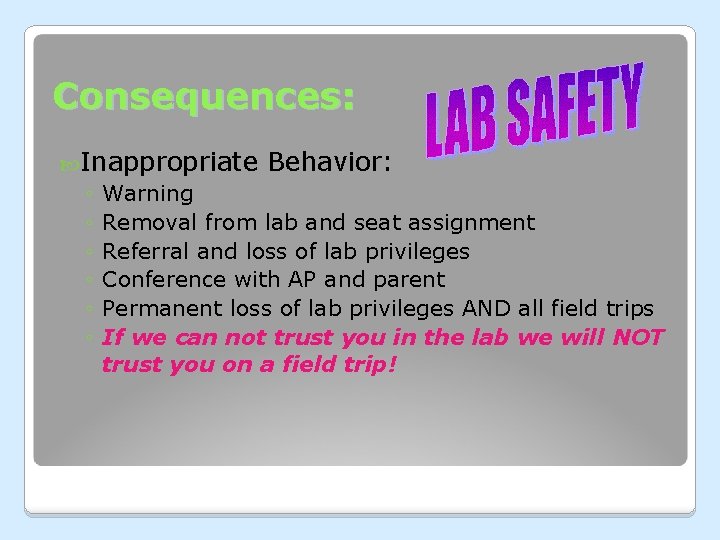 Consequences: Inappropriate Behavior: ◦ Warning ◦ Removal from lab and seat assignment ◦ Referral Consequences: Inappropriate Behavior: ◦ Warning ◦ Removal from lab and seat assignment ◦ Referral