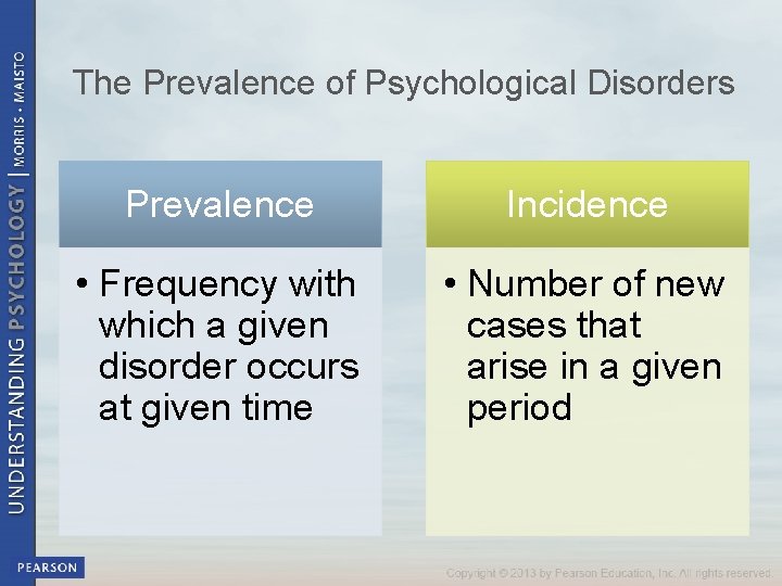 The Prevalence of Psychological Disorders Prevalence Incidence • Frequency with which a given disorder