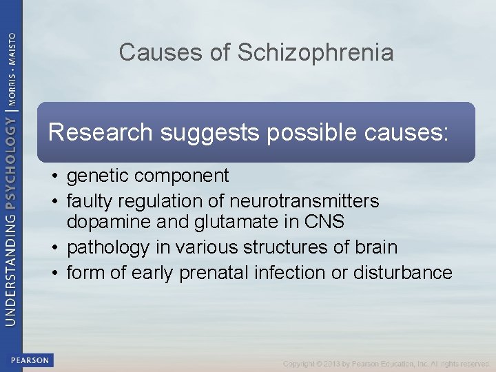 Causes of Schizophrenia Research suggests possible causes: • genetic component • faulty regulation of