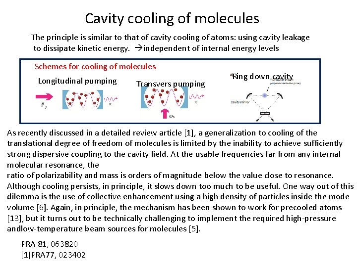 Cavity cooling of molecules The principle is similar to that of cavity cooling of