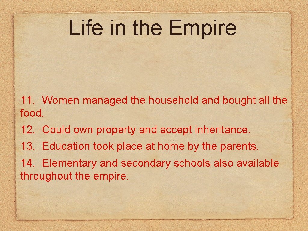 Life in the Empire 11. Women managed the household and bought all the food.