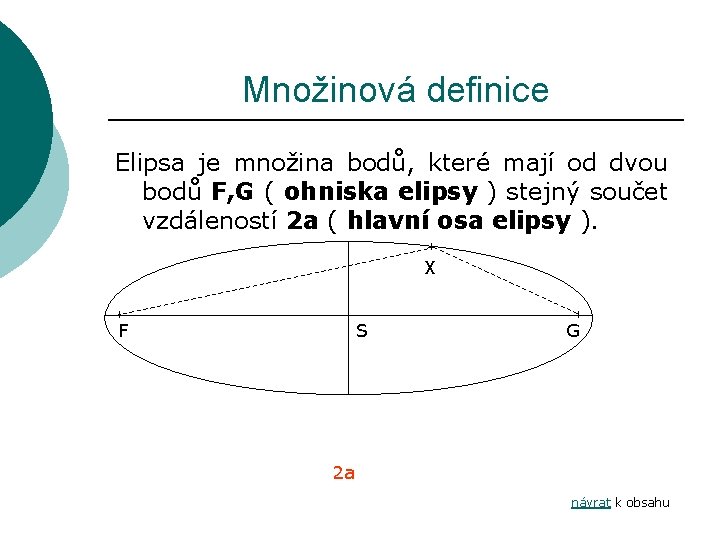 Množinová definice Elipsa je množina bodů, které mají od dvou bodů F, G (