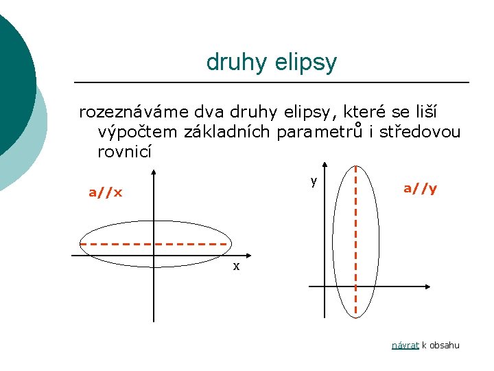 druhy elipsy rozeznáváme dva druhy elipsy, které se liší výpočtem základních parametrů i středovou
