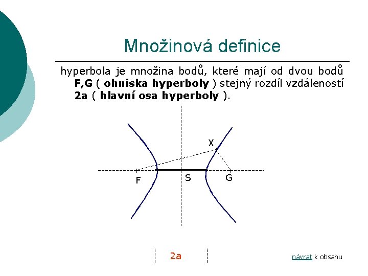 Množinová definice hyperbola je množina bodů, které mají od dvou bodů F, G (
