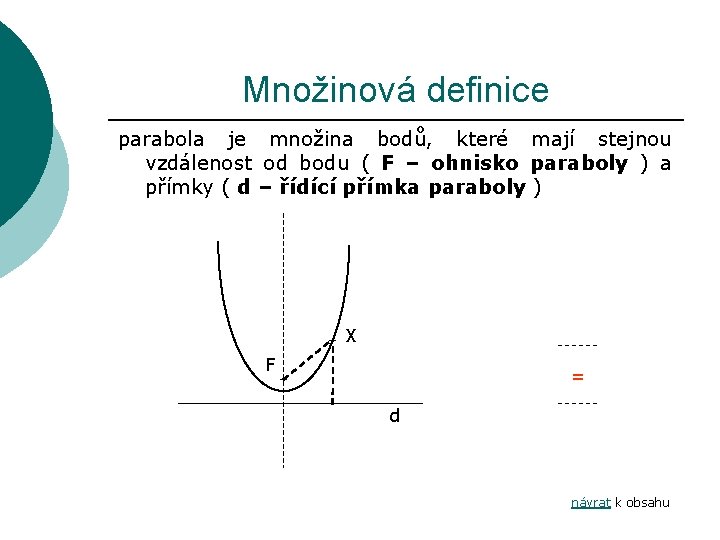 Množinová definice parabola je množina bodů, které mají stejnou vzdálenost od bodu ( F