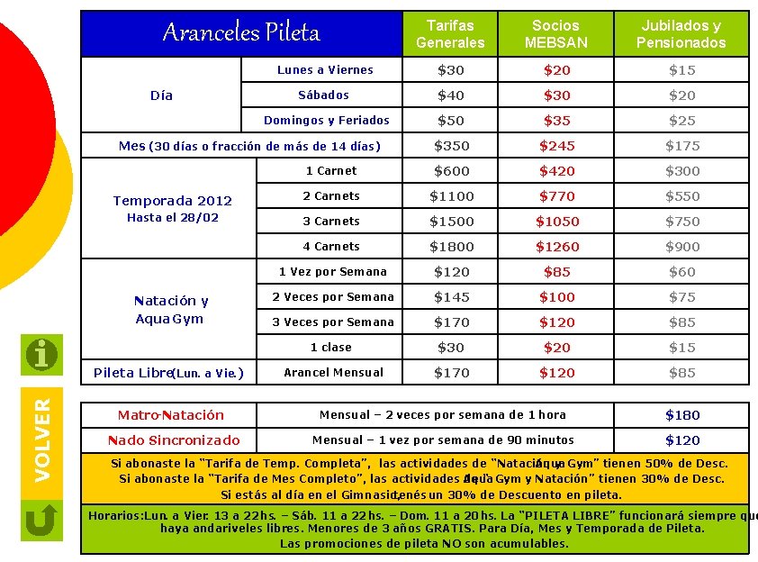 Tarifas Generales Socios MEBSAN Jubilados y Pensionados Lunes a Viernes $30 $20 $15 Sábados