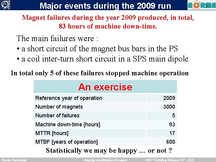 Major events during the 2009 run Magnet failures during the year 2009 produced, in