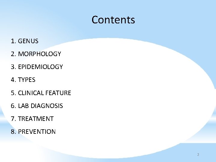 Contents 1. GENUS 2. MORPHOLOGY 3. EPIDEMIOLOGY 4. TYPES 5. CLINICAL FEATURE 6. LAB