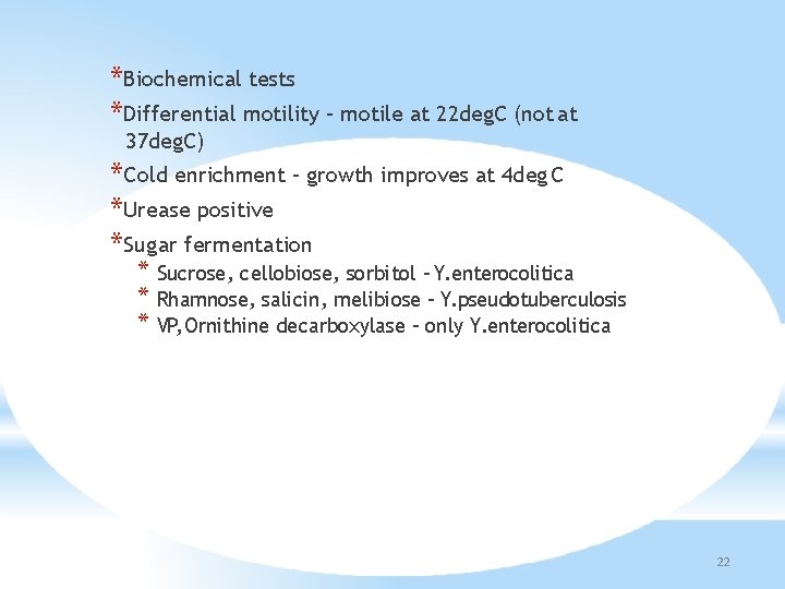 *Biochemical tests *Differential motility – motile at 22 deg. C (not at 37 deg.