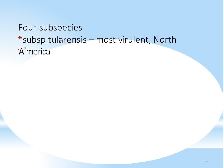 Four subspecies *subsp. tularensis – most virulent, North • * A merica 30 