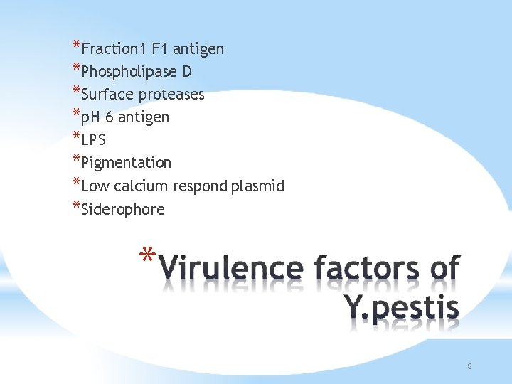 *Fraction 1 F 1 antigen *Phospholipase D *Surface proteases *p. H 6 antigen *LPS