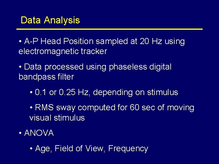 Data Analysis • A-P Head Position sampled at 20 Hz using electromagnetic tracker •