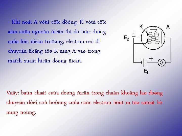 - Khi noái A vôùi cöïc döông, K vôùi cöïc aâm cuûa nguoàn ñieän