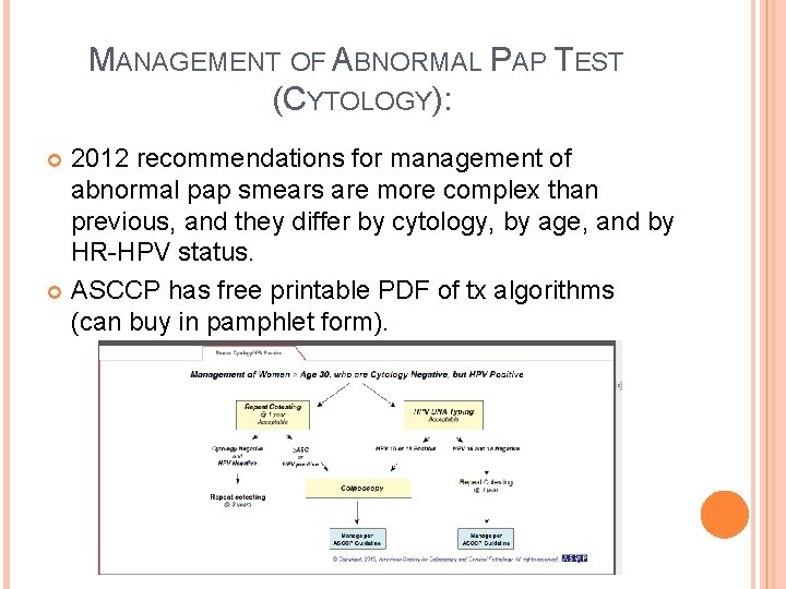 MANAGEMENT OF ABNORMAL PAP TEST (CYTOLOGY): 2012 recommendations for management of abnormal pap smears
