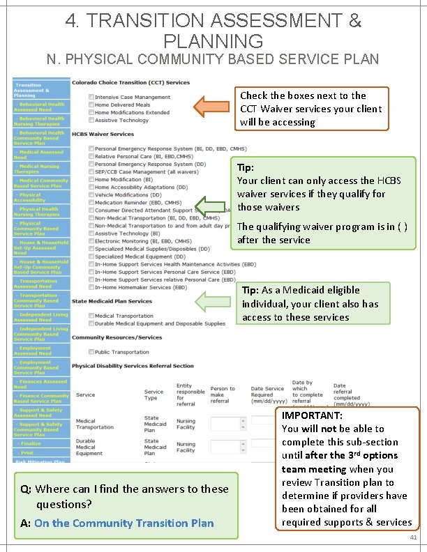 4. TRANSITION ASSESSMENT & PLANNING N. PHYSICAL COMMUNITY BASED SERVICE PLAN Check the boxes