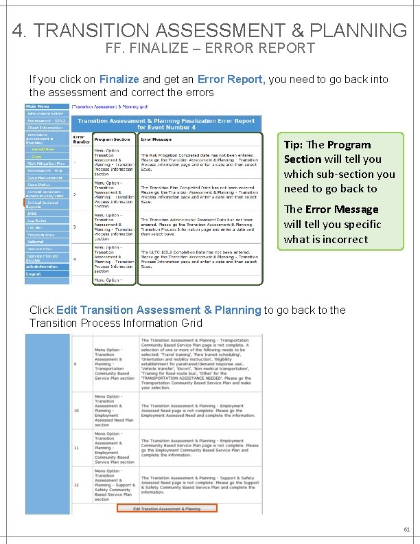 4. TRANSITION ASSESSMENT & PLANNING FF. FINALIZE – ERROR REPORT If you click on