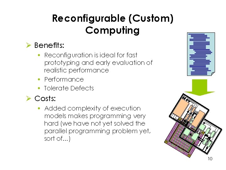 Reconfigurable (Custom) Computing Ø Benefits: • Reconfiguration is ideal for fast prototyping and early