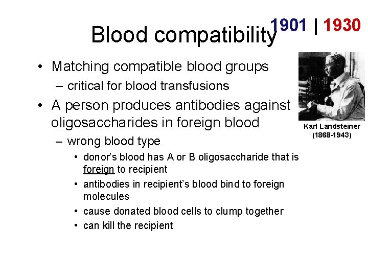 1901 | 1930 Blood compatibility • Matching compatible blood groups – critical for blood