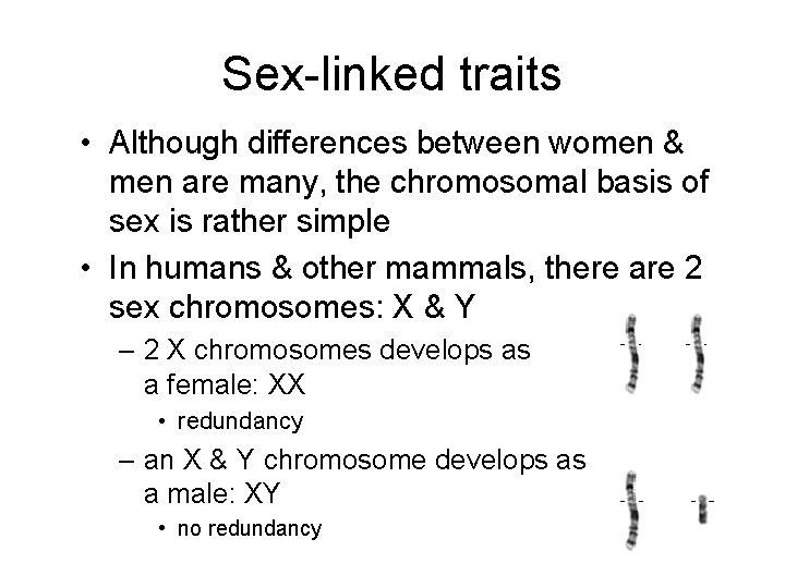 Sex-linked traits • Although differences between women & men are many, the chromosomal basis