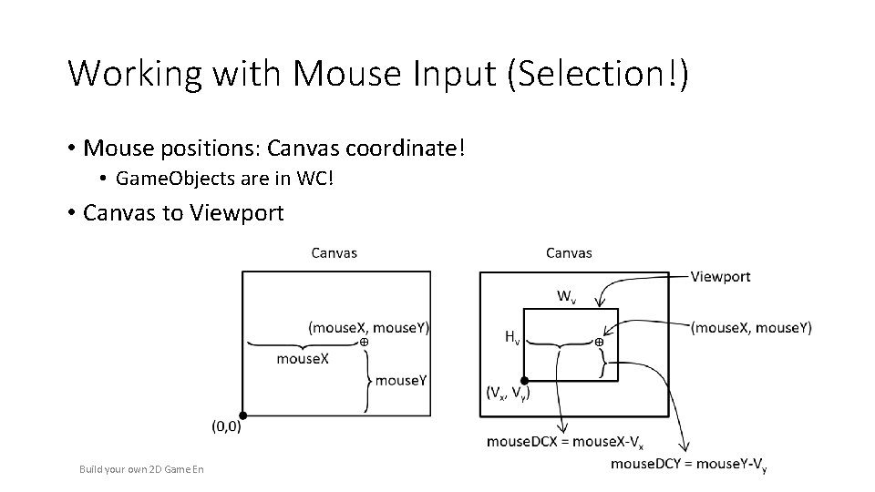 Working with Mouse Input (Selection!) • Mouse positions: Canvas coordinate! • Game. Objects are