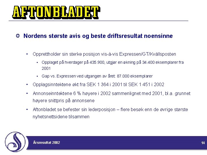 Nordens største avis og beste driftsresultat noensinne • Opprettholder sin sterke posisjon vis-à-vis Expressen/GT/Kvällsposten