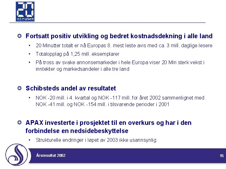 Fortsatt positiv utvikling og bedret kostnadsdekning i alle land • 20 Minutter totalt er