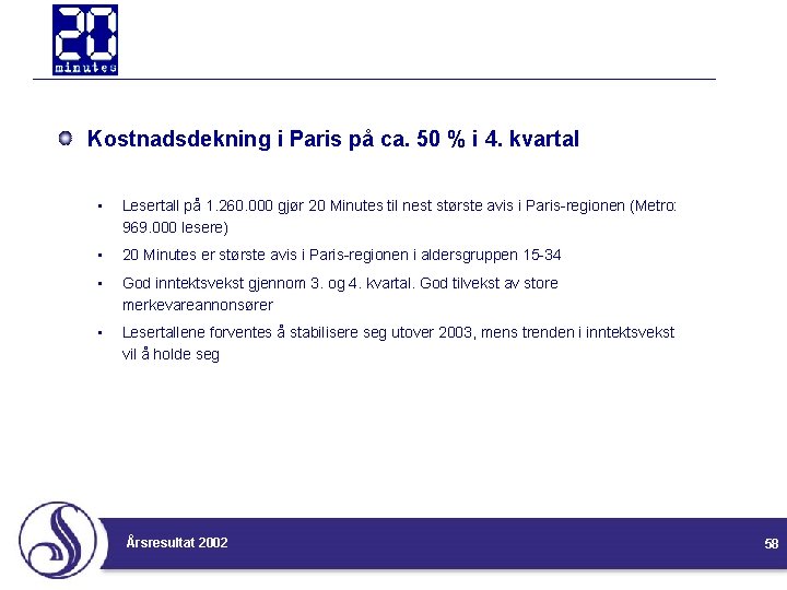 Kostnadsdekning i Paris på ca. 50 % i 4. kvartal • Lesertall på 1.