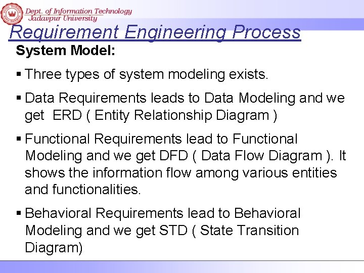 Requirement Engineering Process System Model: § Three types of system modeling exists. § Data