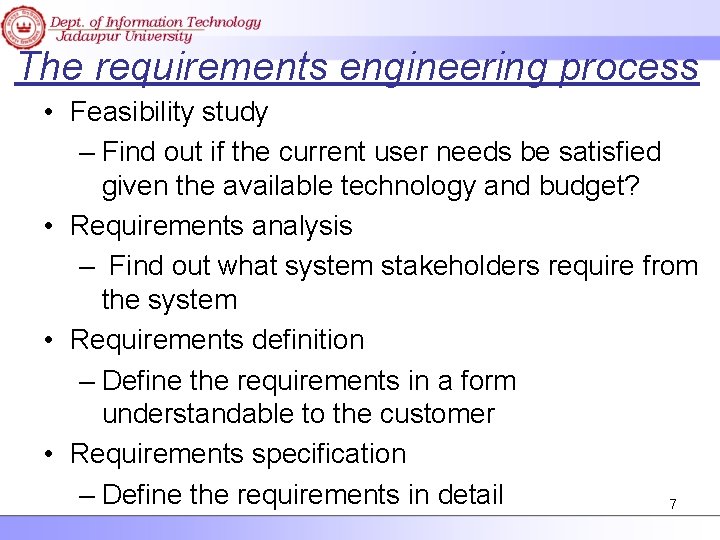 The requirements engineering process • Feasibility study – Find out if the current user