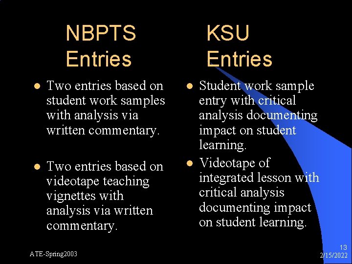 NBPTS Entries KSU Entries l Two entries based on student work samples with analysis