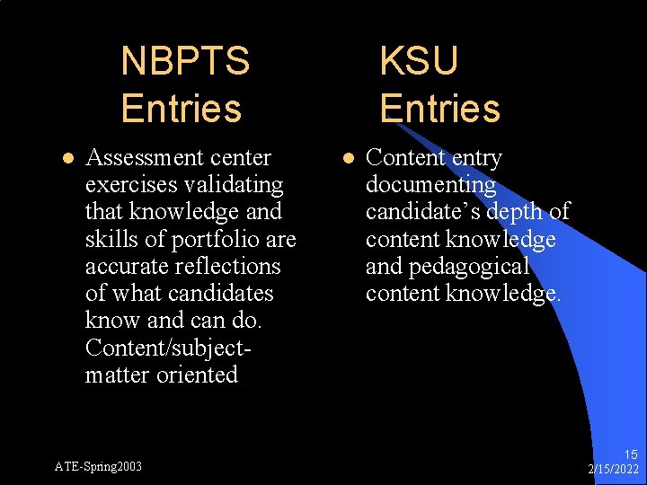 NBPTS Entries l Assessment center exercises validating that knowledge and skills of portfolio are