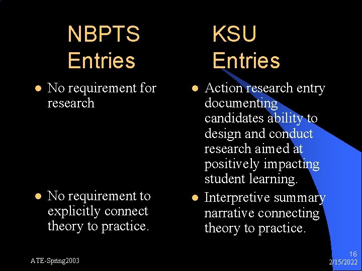 NBPTS Entries KSU Entries l No requirement for research l l No requirement to