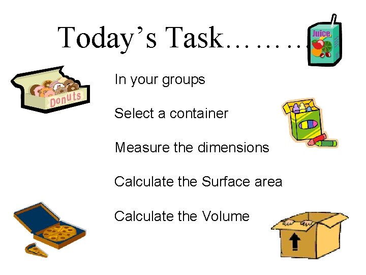 Today’s Task……… In your groups Select a container Measure the dimensions Calculate the Surface