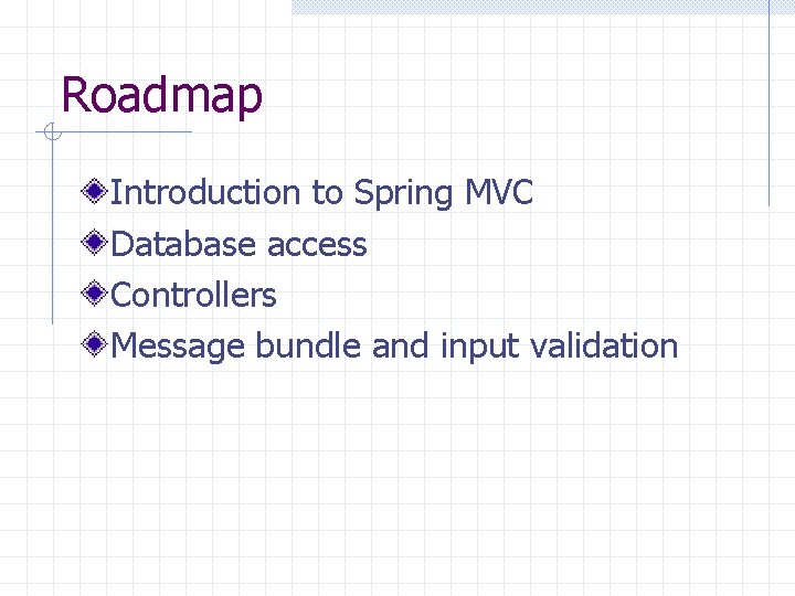 Roadmap Introduction to Spring MVC Database access Controllers Message bundle and input validation 