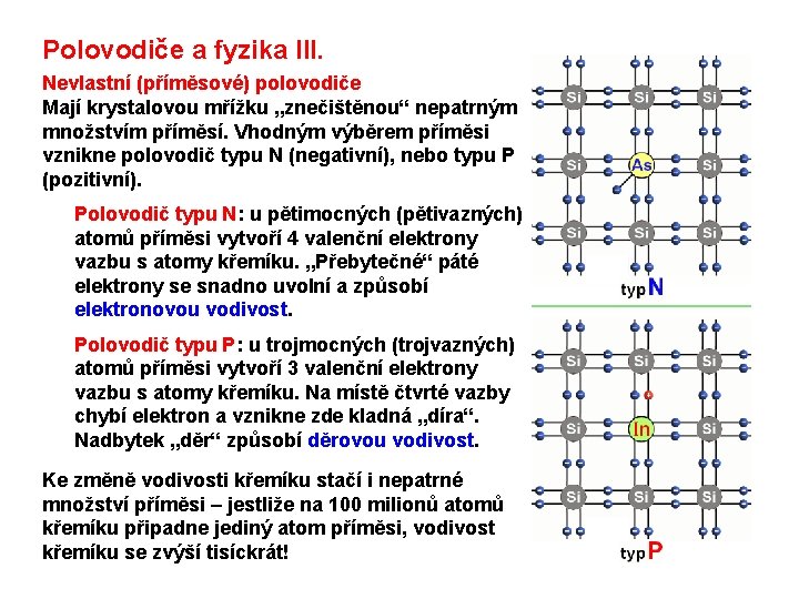 Polovodiče a fyzika III. Nevlastní (příměsové) polovodiče Mají krystalovou mřížku „znečištěnou“ nepatrným množstvím příměsí.