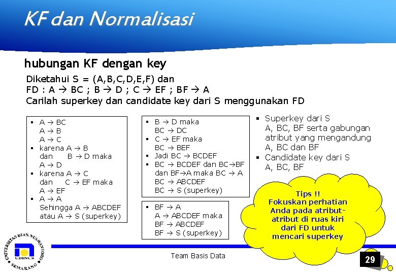 KF dan Normalisasi hubungan KF dengan key Diketahui S = (A, B, C, D,