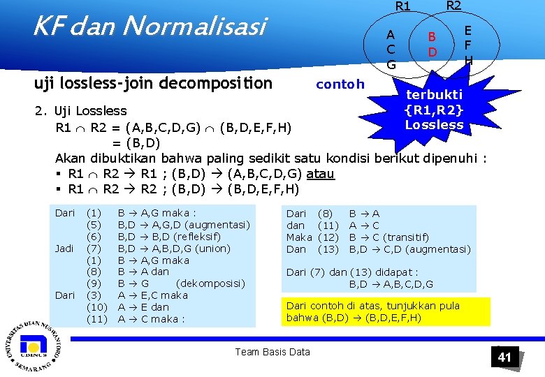 R 2 R 1 KF dan Normalisasi A C G uji lossless-join decomposition contoh