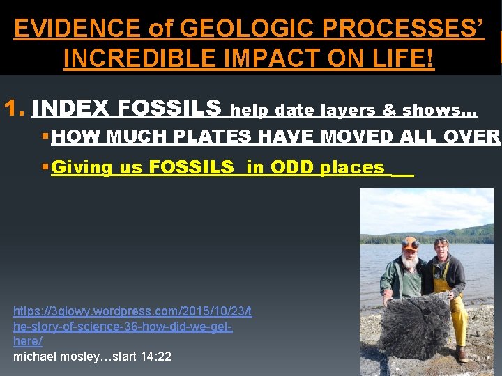 EVIDENCE of GEOLOGIC PROCESSES’ INCREDIBLE IMPACT ON LIFE! 1. INDEX FOSSILS help date layers