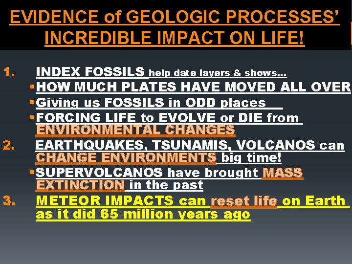 EVIDENCE of GEOLOGIC PROCESSES’ INCREDIBLE IMPACT ON LIFE! 1. 2. 3. INDEX FOSSILS help